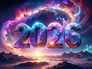 美しい星雲と惑星が輝く宇宙空間に浮かぶ2026年の数字イラスト