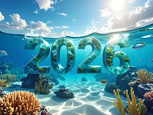 熱帯魚が泳ぐ美しいサンゴ礁の海中に沈むガラス質の2026年のイラスト