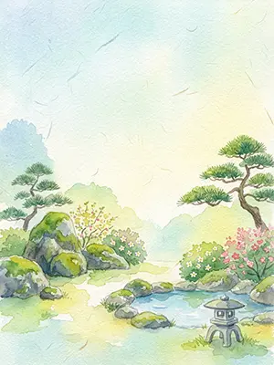 池と石灯籠、松や花が描かれた、新緑の日本庭園の水彩風背景イラスト