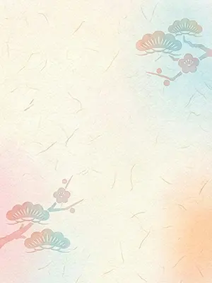 パステルカラーの背景に松と梅のアイコンをあしらった、シンプルな和紙風背景素材