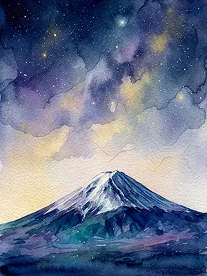 星が瞬く夜空と青い富士山、水彩の滲みが美しい幻想的な夜景の背景素材
