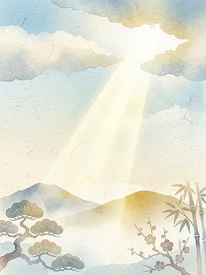 雲間から差し込む光の筋と山々、手前の松と梅が美しい和紙風の背景イラスト