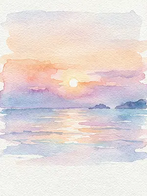 海から昇る朝日とパステルカラーの空、島影が美しい水彩風の年賀状背景素材