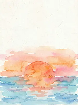 海に映る大きな太陽と空のグラデーション、和紙の質感が特徴的な水彩背景素材