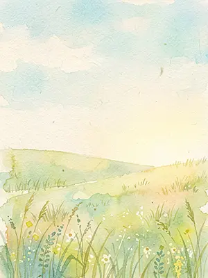 青空と緑の草原、野花が咲く春の風景を描いた水彩テクスチャの背景イラスト