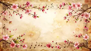 アンティークな紙を背景に桜の枝と五線譜、音符が描かれたフレームイラスト