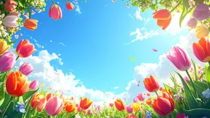 青空と白い雲を背景に、下から見上げた色鮮やかなチューリップ畑のイラスト