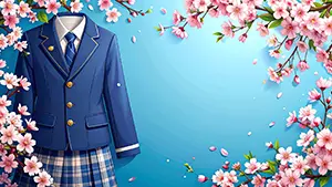 青空を背景に、ネイビーのブレザーの制服と桜の花が描かれた入学シーズンのイラスト