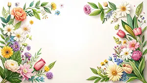 チューリップやガーベラなど、色鮮やかな春の花々が両端に配置されたエレガントなフレームイラスト