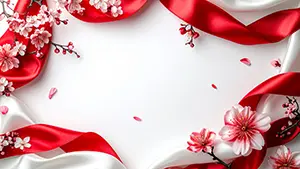 白い背景の四隅に桜の花と赤いリボンが配置された、お祝いのフレームイラスト