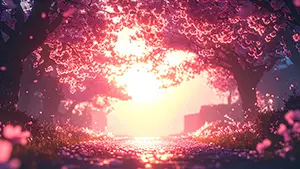 暖かな光が差し込む満開の桜並木と、花びらが散る幻想的な春の道のイラスト