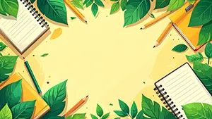 たくさんの緑の葉っぱと、黄色いノートや鉛筆が配置された学習イメージのフレームイラスト