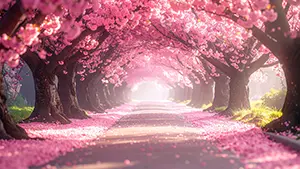 満開の桜の木々が立ち並び、道に花びらが敷き詰められた桜のトンネルのイラスト