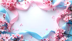 ピンクと水色のリボンと満開の桜の花が縁取る、華やかなお祝いのフレームイラスト