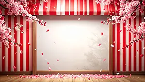 赤と白のストライプ柄の背景と、枠のように配置された桜の花のポップなイラスト