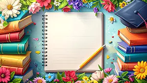 カラフルな花や本、角帽に囲まれた開いたノートと鉛筆のイラスト