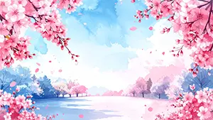 水彩タッチで描かれた、爽やかな青空と満開の桜の木々、水辺の風景イラスト
