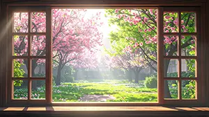 木製の窓枠越しに見える、柔らかな陽射しに包まれた満開の桜並木と芝生の風景イラスト
