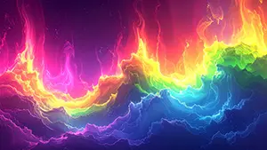 Abstract art of neon rainbow glowing and undulating like fierce flames or waves