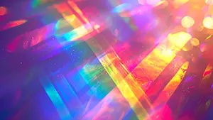 Vivid rainbow lights reflecting and refracting like a prism in a dark background