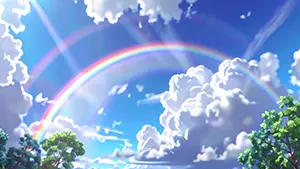 夏のような青空と白い入道雲を背景に鮮やかな二重の虹が架かっている美しい風景イラスト