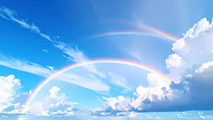 晴れ渡った青空と白い雲を背景に鮮やかな二重の虹が大きく架かっている風景イラスト