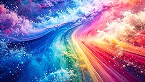 宇宙空間のような背景にカラフルな粉や雲が混ざり合いながら流れている幻想的なアート