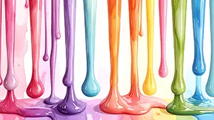 様々な色の光沢のある液体インクが上から垂れ落ちているカラフルなアートイラスト