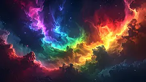 暗い宇宙空間に赤や緑や青の鮮やかな色が煙のように混ざり合う美しい星雲のイラスト