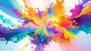 白い背景で黄色や紫や青などのカラフルな絵の具が激しく飛び散っているスプラッシュアート