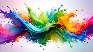 白い背景にカラフルなペンキやインクが激しく飛び散って混ざり合っているスプラッシュアート