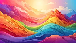 切り絵のような層になったカラフルな山脈が奥へと続いている3D風の風景イラスト