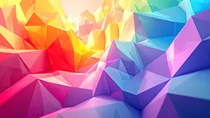 ピンクや黄色や青のカラフルなポリゴンが山脈のように連なっている3D幾何学模様の背景