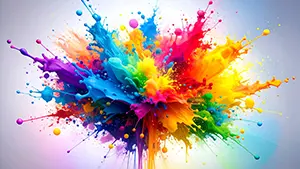 白背景の中央で色とりどりの塗料が激しく飛び散っているダイナミックなスプラッシュアート