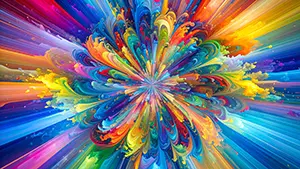 中心から赤や黄色や青の絵の具が花のように放射状に広がっているカラフルなバースト背景