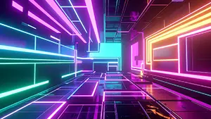 暗い空間にピンクや青やオレンジのネオン管が幾何学的に配置された近未来的なサイバー背景