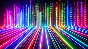Digital matrix background with rows of numbers glowing in rainbow neon colors on black