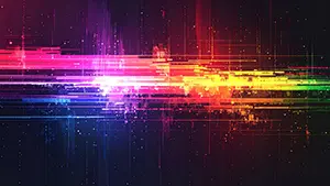 黒い背景にネオンカラーの水平線やグリッチノイズが走るサイバー調の抽象的なデザイン