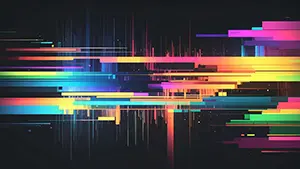 黒い背景にカラフルな水平線やブロックノイズが不規則に走るデジタルグリッチアート