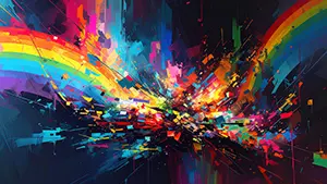 黒っぽい背景に色とりどりのペイントや破片が爆発的に広がっている抽象的なデジタルアート