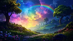 緑の木々と花が咲く小道の奥に鮮やかな虹が架かっている幻想的で美しいファンタジー風景