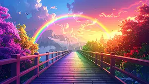 Fantastical landscape of a wooden bridge extending between pink trees under a sunset and rainbow