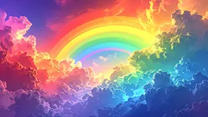 色鮮やかな雲海と青空に大きく架かる虹が描かれた幻想的な風景イラスト