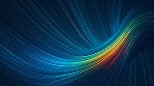 暗い青色の背景に細い虹色の光のラインが曲線を描いて流れているテクノロジー風の抽象背景