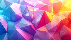 ピンクや青や黄色の三角形のポリゴンが立体的に組み合わさった幾何学模様の抽象的な背景