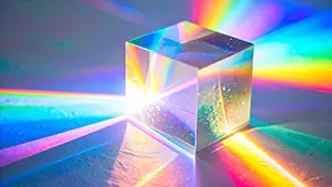 透明なガラスの立方体に光が当たり鮮やかな虹色のスペクトルが放射状に広がっている様子