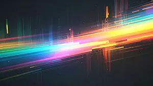 黒い背景に鮮やかな虹色の光のラインが高速で右上がりに流れているテクノロジー風の背景