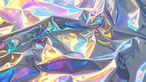 しわの寄った銀紙のようなメタリックな素材に虹色の光が反射しているホログラフィックな背景