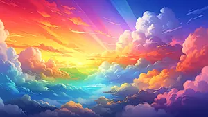 Majestic cloud and sky scenery with sun rays dyeing the clouds in rainbow colors