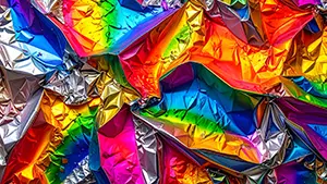 くしゃくしゃに折り目がついた銀紙のような素材に鮮やかな虹色が反射しているメタリックな背景